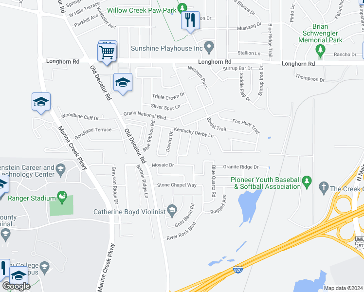 map of restaurants, bars, coffee shops, grocery stores, and more near 5824 Arena Circle in Fort Worth