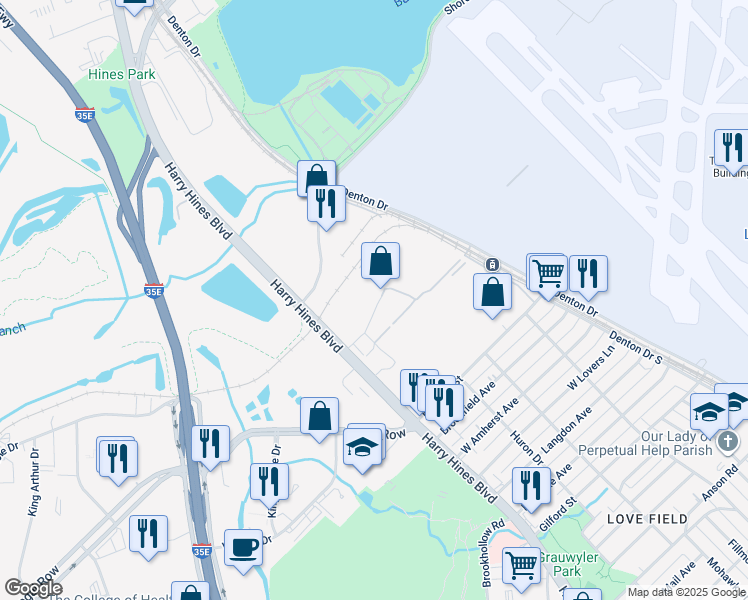 map of restaurants, bars, coffee shops, grocery stores, and more near 2175 Research Row in Dallas