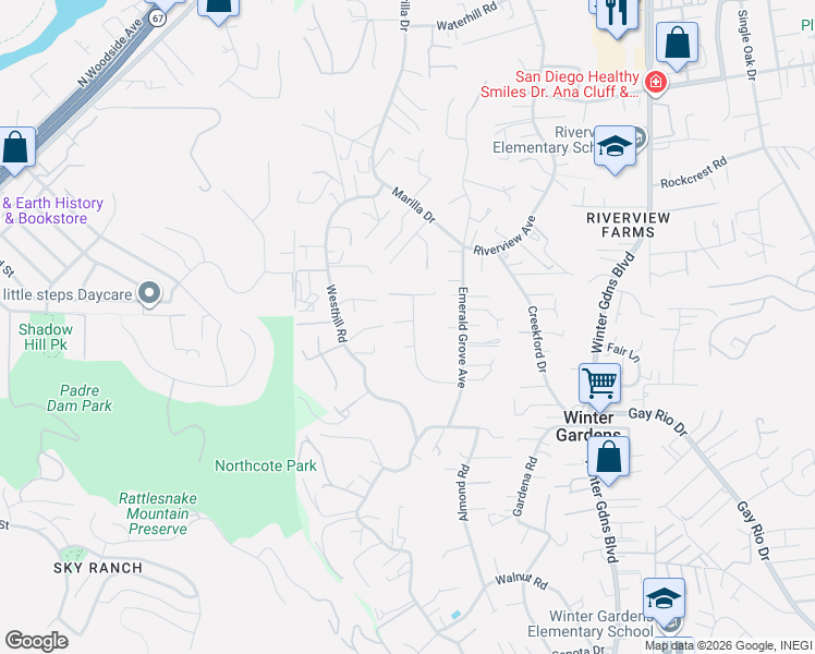 map of restaurants, bars, coffee shops, grocery stores, and more near 9103 Paradise Park Drive in Lakeside