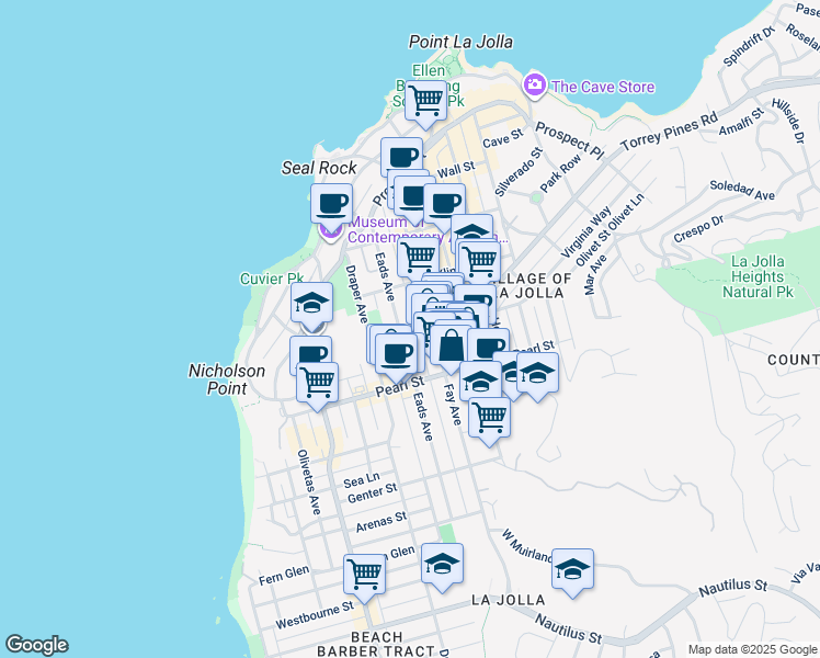 map of restaurants, bars, coffee shops, grocery stores, and more near 7540 Fay Avenue in San Diego