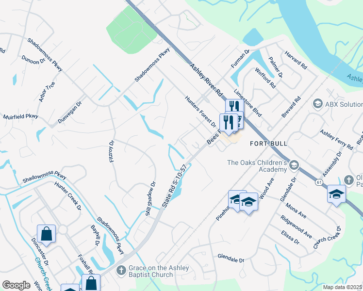 map of restaurants, bars, coffee shops, grocery stores, and more near 2178 Bees Ferry Road in Charleston