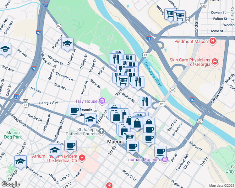 map of restaurants, bars, coffee shops, grocery stores, and more near 835 Walnut Street Lane in Macon