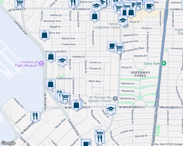 map of restaurants, bars, coffee shops, grocery stores, and more near 4922 Wenonah Drive in Dallas