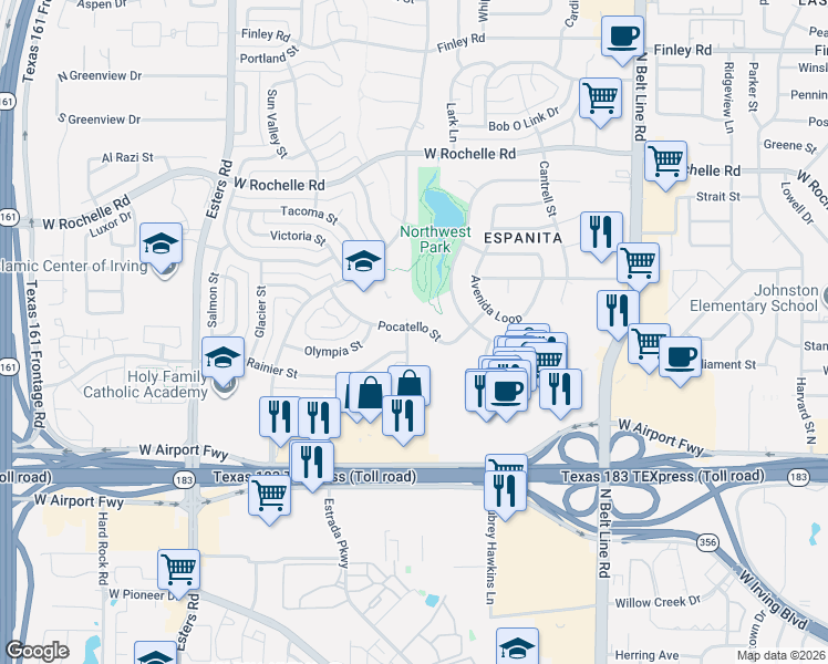 map of restaurants, bars, coffee shops, grocery stores, and more near 3720 Pocatello Street in Irving