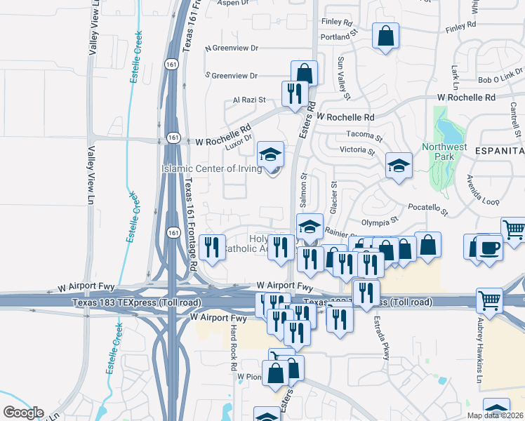 map of restaurants, bars, coffee shops, grocery stores, and more near 4338 Annesley Lane in Irving