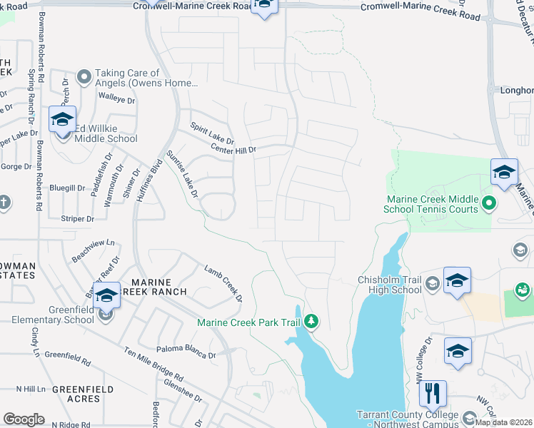 map of restaurants, bars, coffee shops, grocery stores, and more near Coleto Creek Circle in Fort Worth