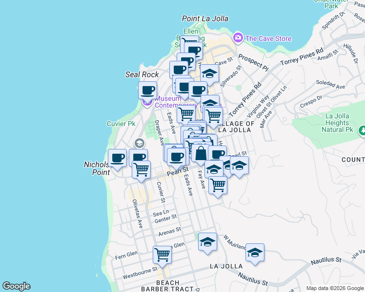 map of restaurants, bars, coffee shops, grocery stores, and more near 7585 Eads Avenue in San Diego