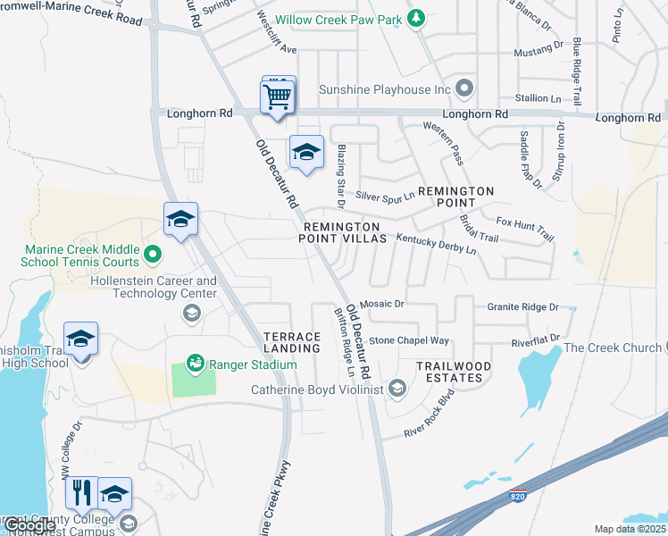 map of restaurants, bars, coffee shops, grocery stores, and more near 5604 Giddyup Lane in Fort Worth