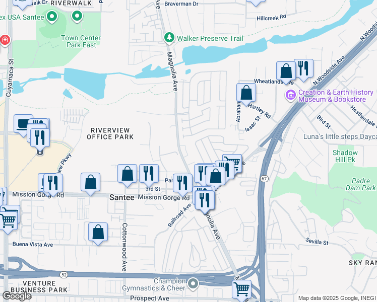 map of restaurants, bars, coffee shops, grocery stores, and more near 10727 Holly Meadows Drive in Santee
