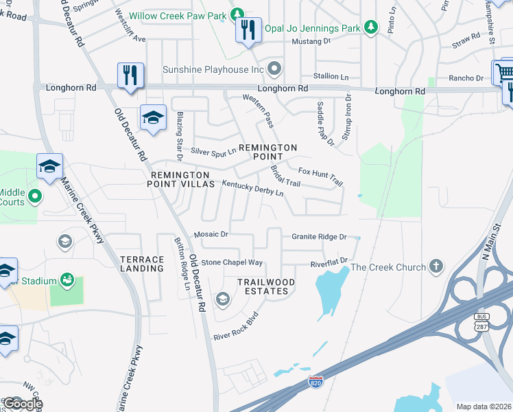 map of restaurants, bars, coffee shops, grocery stores, and more near 5821 Thoroughbred Court in Fort Worth
