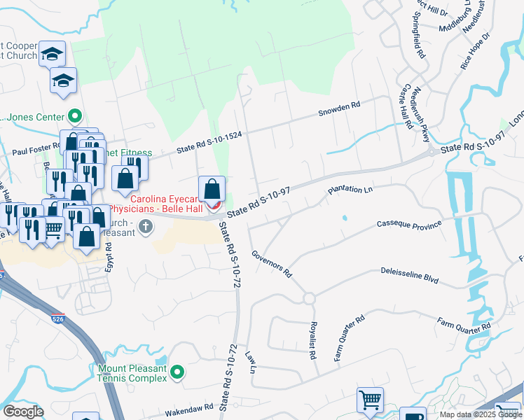 map of restaurants, bars, coffee shops, grocery stores, and more near 1023 Plantation Court in Mount Pleasant