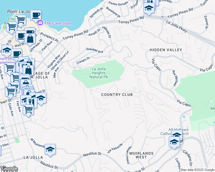 map of restaurants, bars, coffee shops, grocery stores, and more near 7350 Brodiaea Way in San Diego