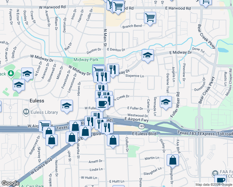 map of restaurants, bars, coffee shops, grocery stores, and more near 201 Primrose Hill in Euless