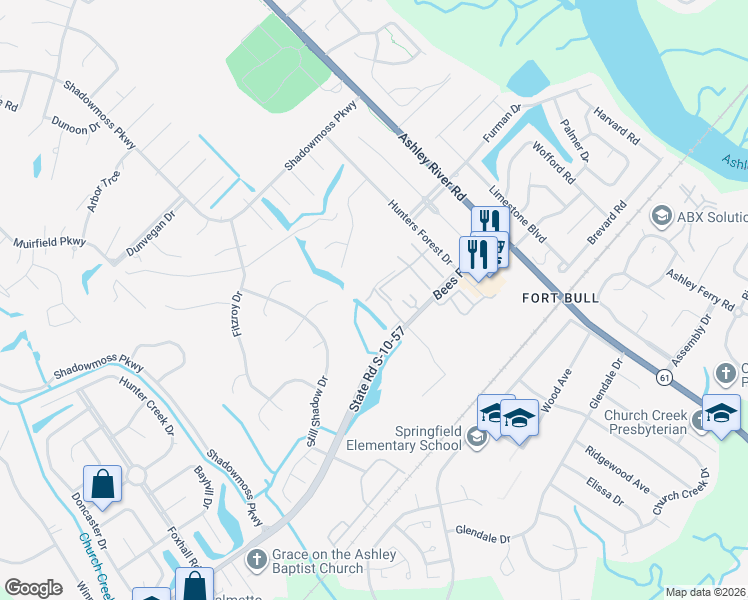 map of restaurants, bars, coffee shops, grocery stores, and more near 2925 Dove Haven Court in Charleston