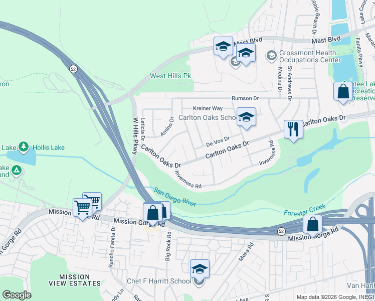 map of restaurants, bars, coffee shops, grocery stores, and more near 9325 Nalini Court in Santee