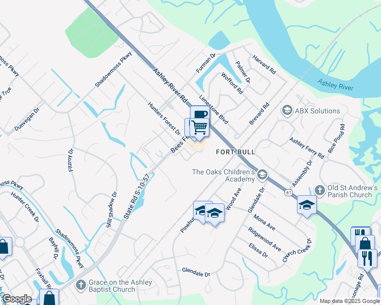 map of restaurants, bars, coffee shops, grocery stores, and more near 3125 State Road S-10-57 in Charleston
