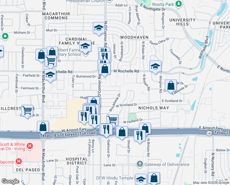 map of restaurants, bars, coffee shops, grocery stores, and more near 423 Goodyear Street in Irving