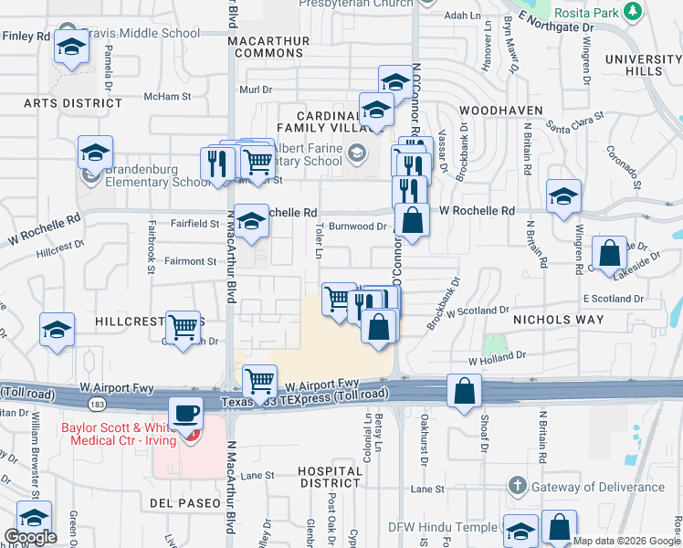map of restaurants, bars, coffee shops, grocery stores, and more near 706 West Lynn Drive in Irving