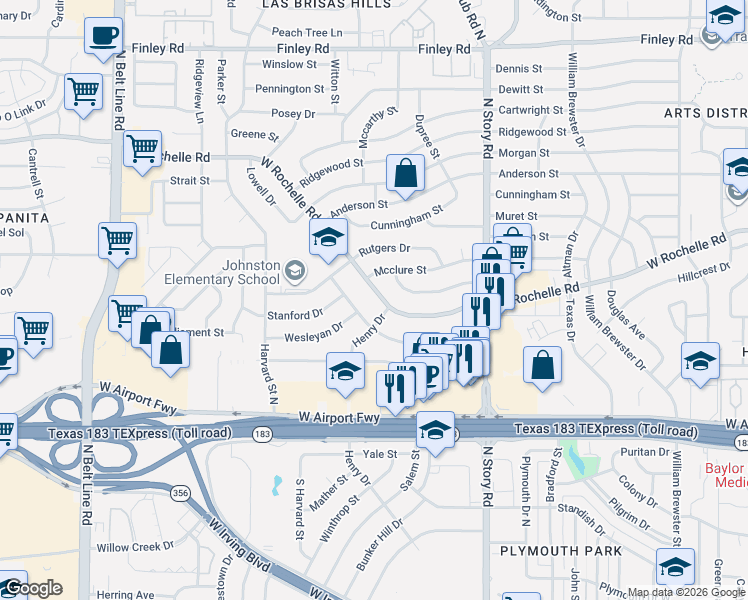 map of restaurants, bars, coffee shops, grocery stores, and more near 2553 West Rochelle Road in Irving