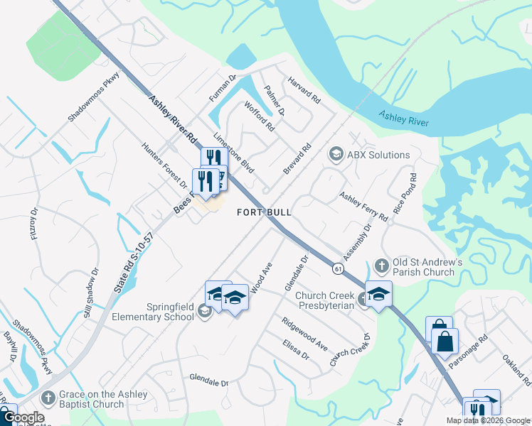 map of restaurants, bars, coffee shops, grocery stores, and more near 2298 Brevard Road in Charleston