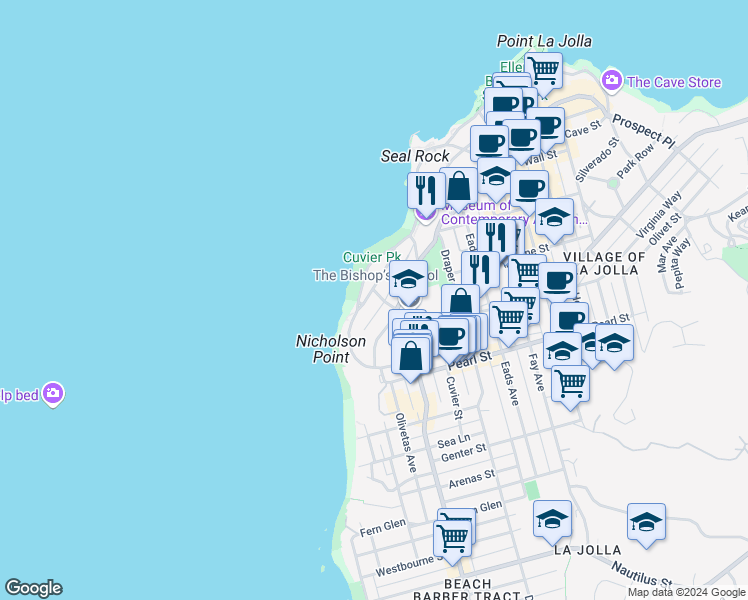 map of restaurants, bars, coffee shops, grocery stores, and more near 373 Coast Boulevard in San Diego