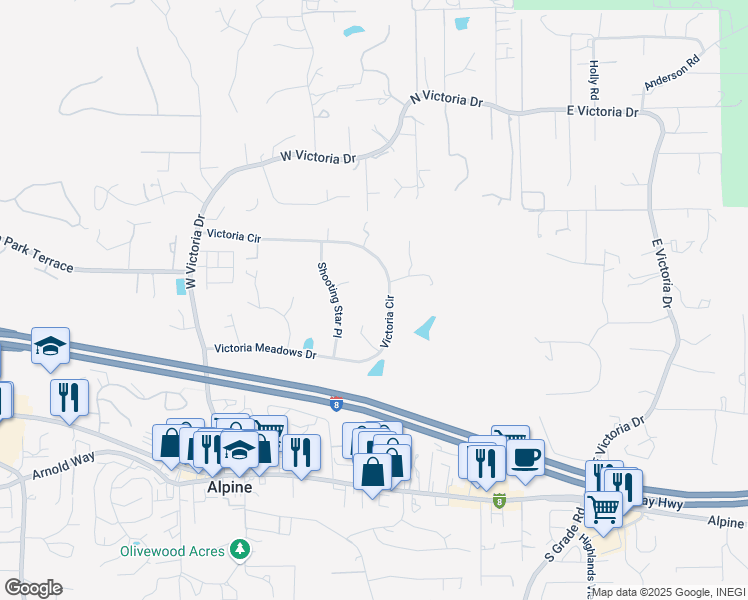map of restaurants, bars, coffee shops, grocery stores, and more near 2669 Victoria Circle in Alpine