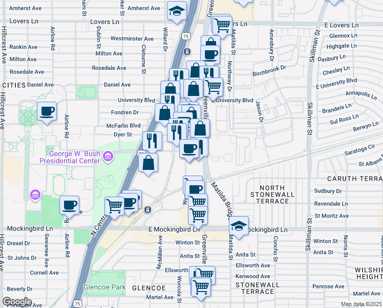 map of restaurants, bars, coffee shops, grocery stores, and more near 5641 SMU Boulevard in Dallas