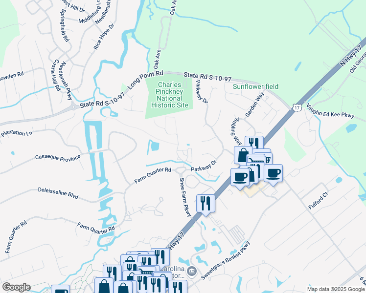 map of restaurants, bars, coffee shops, grocery stores, and more near 1200 Club Drive in Mount Pleasant