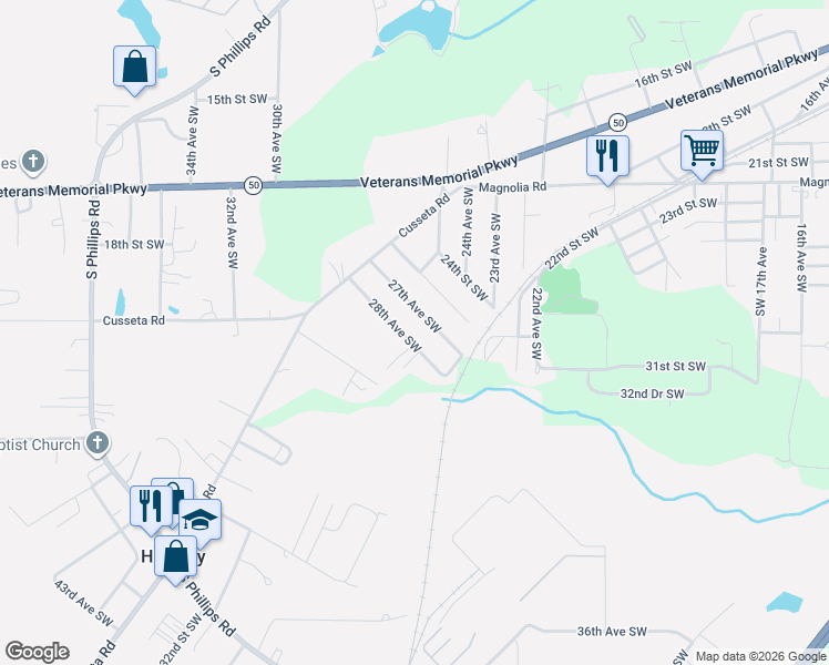 map of restaurants, bars, coffee shops, grocery stores, and more near 2435 28th Avenue Southwest in Lanett