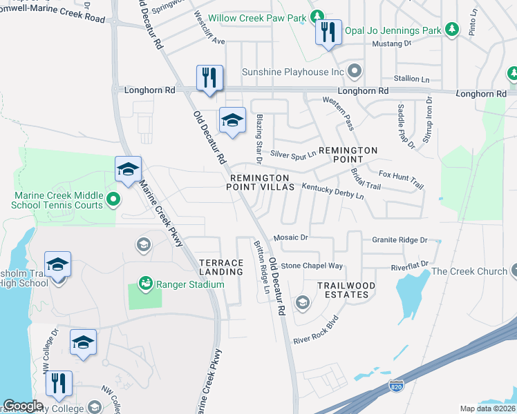 map of restaurants, bars, coffee shops, grocery stores, and more near 5616 Giddyup Lane in Fort Worth