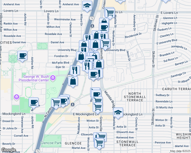 map of restaurants, bars, coffee shops, grocery stores, and more near 5600 SMU Boulevard in Dallas