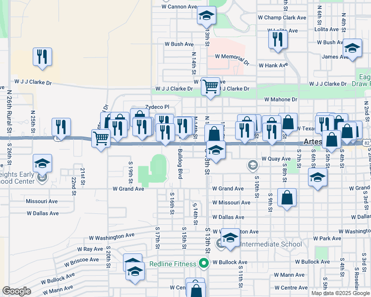 map of restaurants, bars, coffee shops, grocery stores, and more near 1407 1/2 West Main Street in Artesia