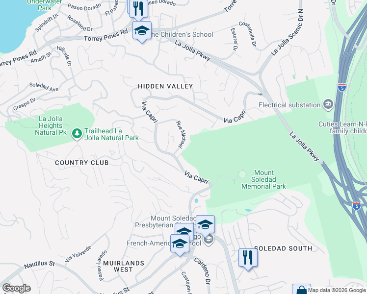 map of restaurants, bars, coffee shops, grocery stores, and more near 7231 Rue Michael in San Diego