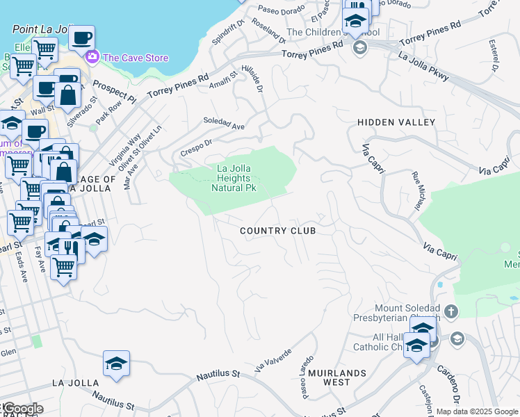 map of restaurants, bars, coffee shops, grocery stores, and more near 7356 Brodiaea Way in San Diego