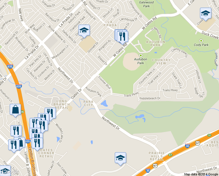 map of restaurants, bars, coffee shops, grocery stores, and more near 5900 Frontier Boulevard in Mesquite