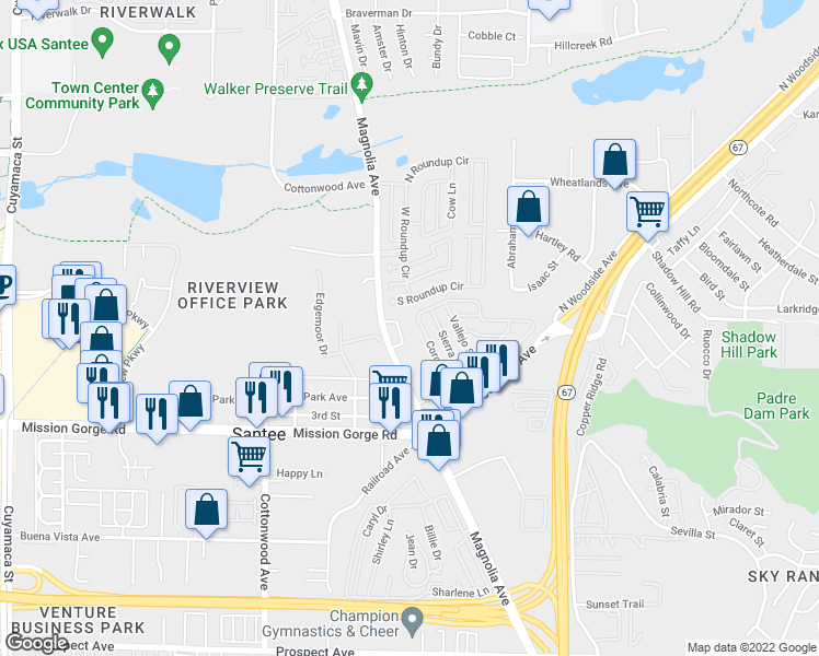 map of restaurants, bars, coffee shops, grocery stores, and more near 10718 Holly Meadows Drive in Santee