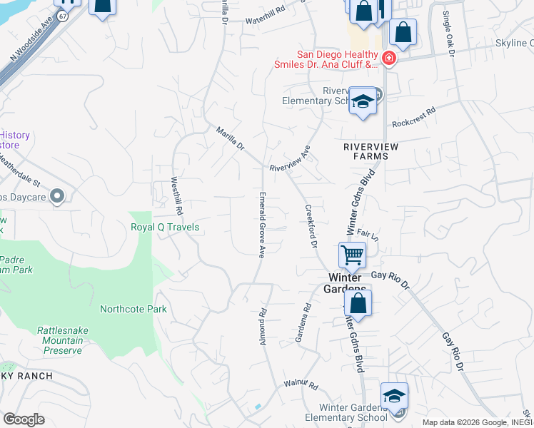 map of restaurants, bars, coffee shops, grocery stores, and more near 9069 Emerald Grove Avenue in Lakeside