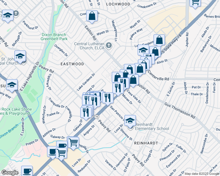 map of restaurants, bars, coffee shops, grocery stores, and more near 10226 Galway Drive in Dallas