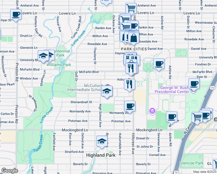 map of restaurants, bars, coffee shops, grocery stores, and more near 3525 Asbury Street in Dallas