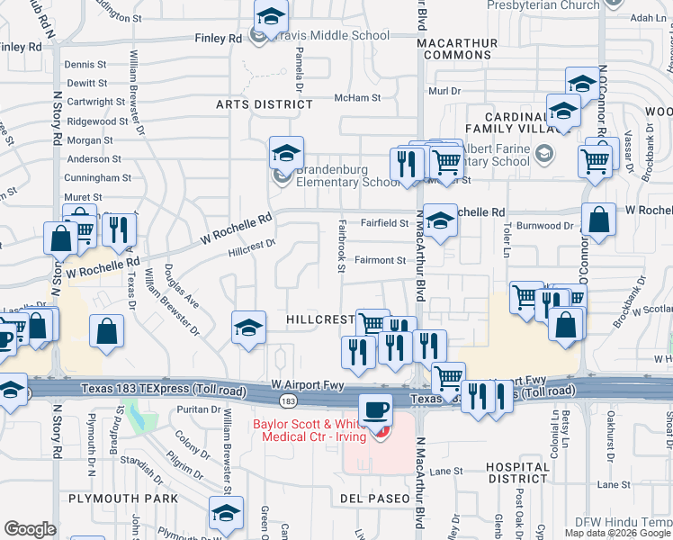 map of restaurants, bars, coffee shops, grocery stores, and more near 2617 Fairbrook Street in Irving