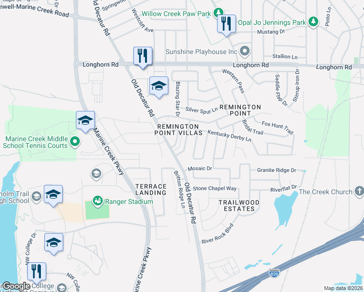 map of restaurants, bars, coffee shops, grocery stores, and more near 5656 Giddyup Lane in Fort Worth
