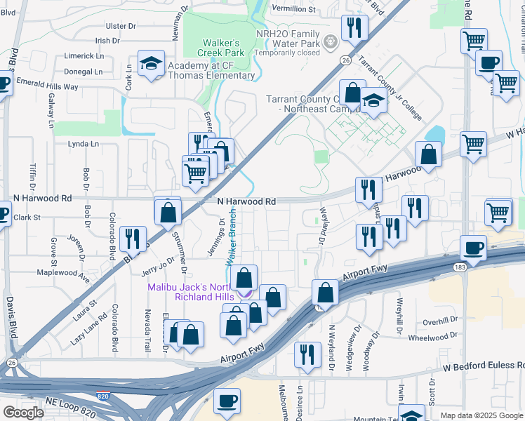 map of restaurants, bars, coffee shops, grocery stores, and more near 8500 North Harwood Road in North Richland Hills