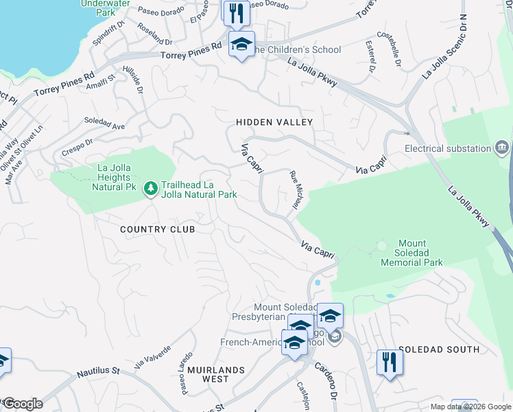 map of restaurants, bars, coffee shops, grocery stores, and more near 7317 Via Capri in San Diego
