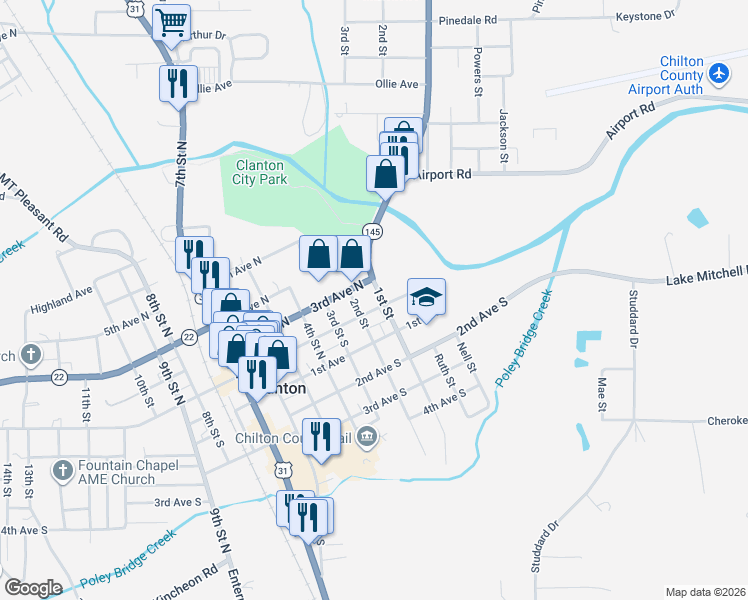 map of restaurants, bars, coffee shops, grocery stores, and more near 204 1st Street in Clanton