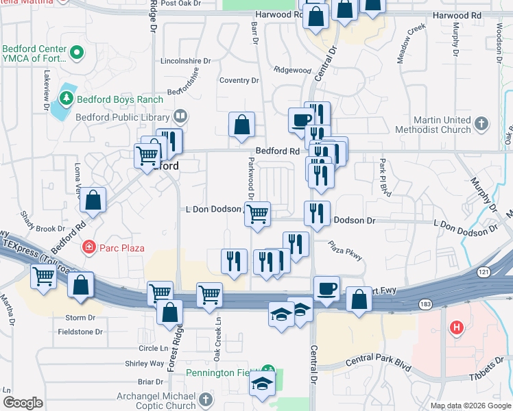 map of restaurants, bars, coffee shops, grocery stores, and more near 2433 Bedford Circle in Bedford