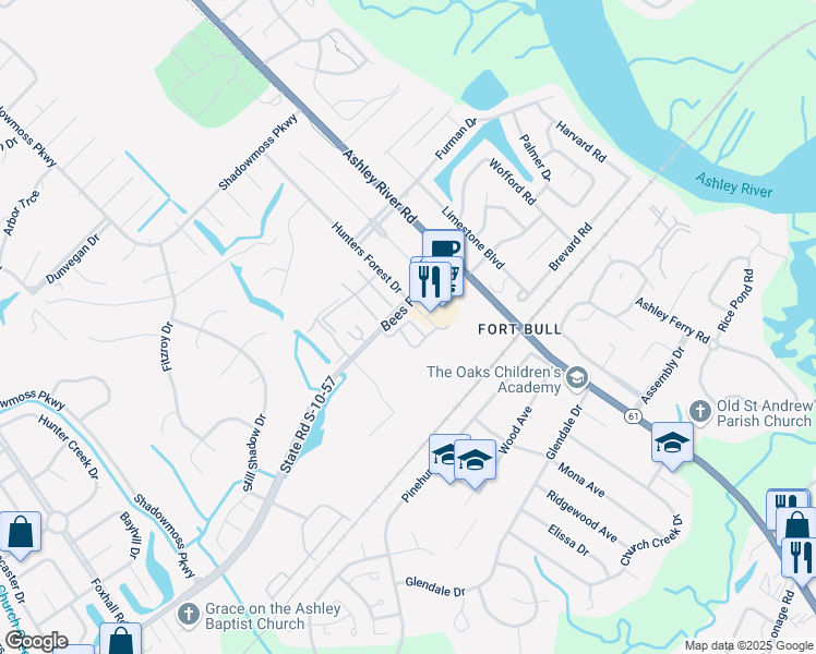 map of restaurants, bars, coffee shops, grocery stores, and more near 4005 Radcliffe Place Drive in Charleston