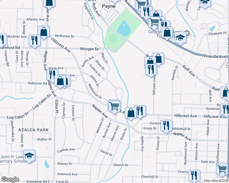 map of restaurants, bars, coffee shops, grocery stores, and more near 3262 Mary Drive in Macon