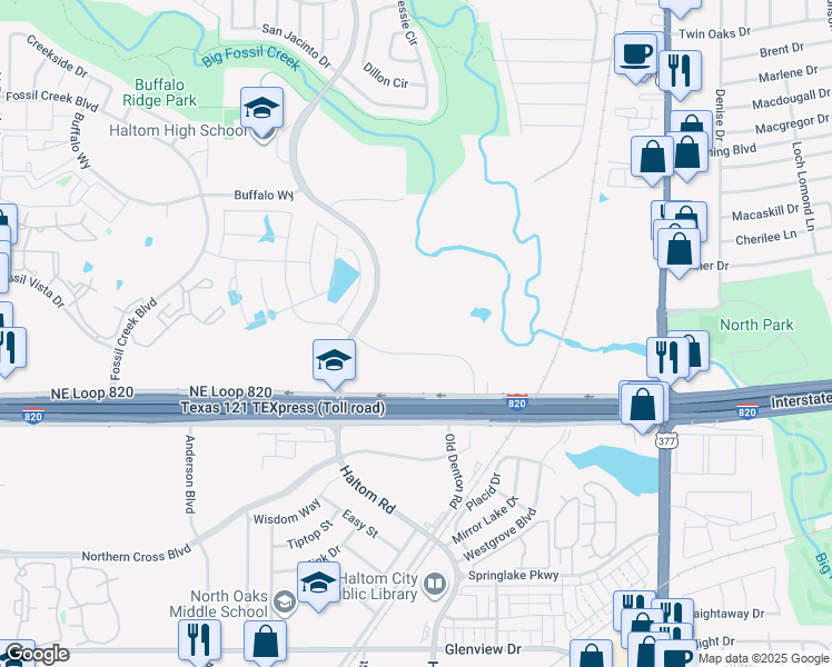 map of restaurants, bars, coffee shops, grocery stores, and more near 5400 Haltom Road in Haltom City
