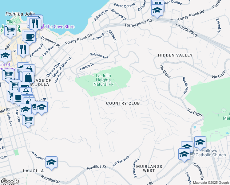 map of restaurants, bars, coffee shops, grocery stores, and more near 7356 Brodiaea Way in San Diego