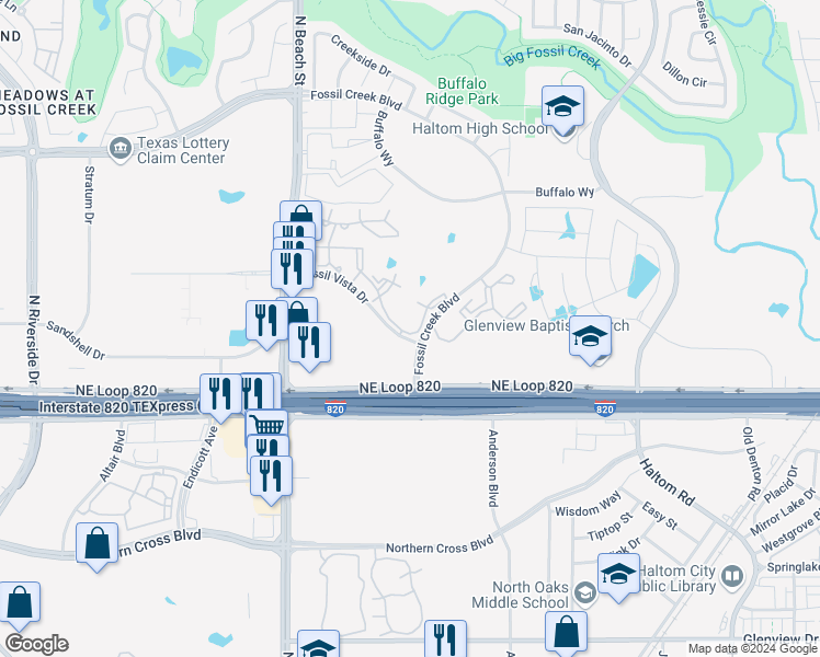 map of restaurants, bars, coffee shops, grocery stores, and more near 533 Fossil Creek Boulevard in Haltom City